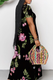 Casual Floral Print V Neck Short Sleeve Pocket Floor Length Vacation Baggy Maxi Dresses