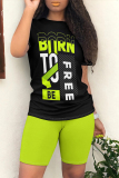 Casual Cartoon Print Letter Print O Neck Short Sleeve Oversize T-shirt And Shorts Two Pieces