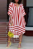 Casual Striped Print Turndown Collar Irregular Hem Baggy Vacation Plus Size Midi Shirt Dresses