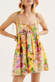 Sexy Floral Print U Neck Sleeveless Lace Up Stringy Selvedge Ruffle Trim Vacation Slip Mini Dresses