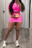 Casual Zipper Collar Short Sleeve Crop Tops And Mini Skirt Pocket Two Pieces Dress Set