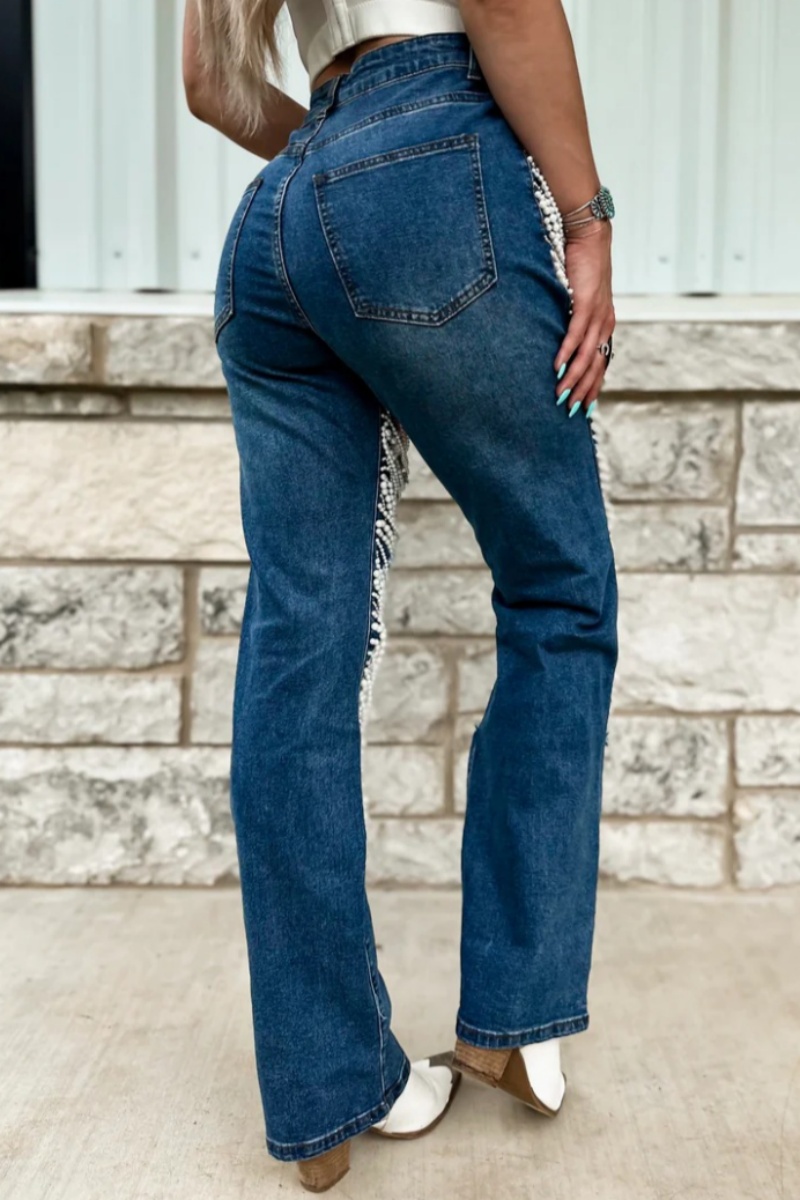 Wholesale Casual Beads Chain Decor Mid Waist Distressed Straight Ripped ...