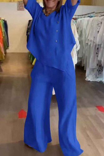 Casual V Neck Short Sleeve Buttons Irregular Hem Blouse And Wide Leg Pants Vacation Two Pieces Trouser Sets