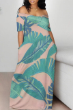 Casual Floral Print Off Shoulder Short Sleeve Pocket Vacation Baggy Maxi Dresses