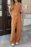 British Style V Neck Sleeveless Buckle Vest Blazer Top And Wide Leg Pants Vacation Formal Office Lady Two Pieces Suit Set