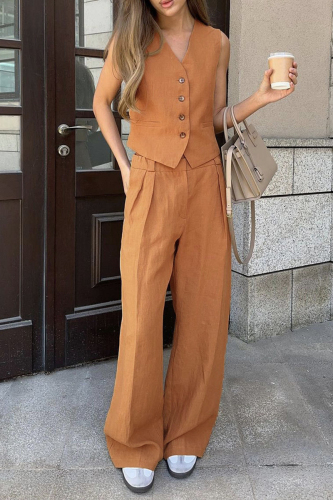British Style V Neck Sleeveless Buckle Vest Blazer Top And Wide Leg Pants Vacation Formal Office Lady Two Pieces Suit Set