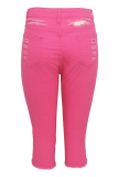 Pink Denim Button Fly Sleeveless High Hole Solid Patchwork pencil Capris Shorts