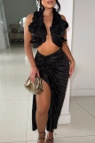 Sexy Backless Sleeveless Slit Halter Ruffle Trim Crop Tops And Thigh Split Pleated Maxi Skirts Vacation Two Pieces Dress Sets