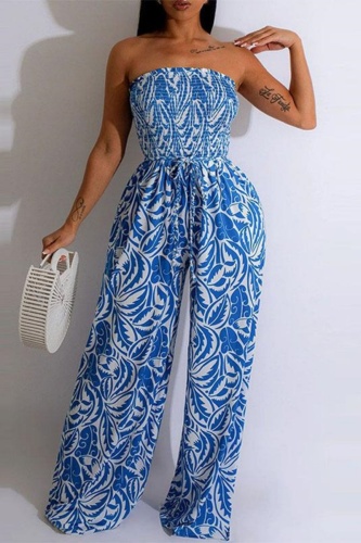 Casual Leaf Print Strapless Sleeveless Vacation Cinch Waist Tube Wide Leg Jumpsuits