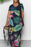 Casual Floral Print V Neck Short Sleeve Pocket Floor Length Vacation Baggy Maxi Dresses