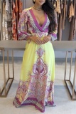 Casual Floral Print V Neck Flare Sleeve Cinch Waist Long A Line Vacation Maxi Dress