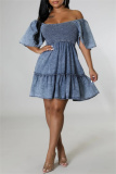 Casual Backless Off Shoulder Ruffle Sleeve Ruffle Hem A Line Vacation Denim Mini Dress