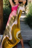 Casual Ombre Print Backless Oblique Collar One Shoulder Floor Length Vacation Long Baggy Maxi Dresses