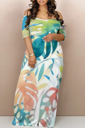 Casual Floral Print Off Shoulder Short Sleeve Pocket Vacation Baggy Maxi Dresses