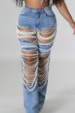 Casual Beads Chain Decor Mid Waist Distressed Straight Ripped Denim Jeans