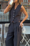 British Style V Neck Sleeveless Buckle Vest Blazer Top And Wide Leg Pants Vacation Formal Office Lady Two Pieces Suit Set