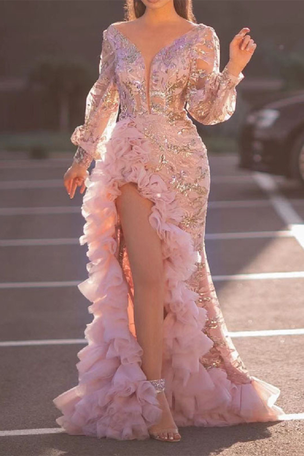 Temperament Lace Ruffled Sequined Long Sleeves Evening Maxi Dresses