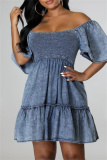 Casual Backless Off Shoulder Ruffle Sleeve Ruffle Hem A Line Vacation Denim Mini Dress