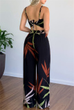 Casual Tropical Print V Neck Sleeveless Front Tie Cami Crop Tops And Wide Leg Pants Vacation Two Pieces Trouser Sets