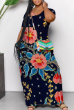 Casual Floral Print V Neck Short Sleeve Pocket Floor Length Vacation Baggy Maxi Dresses