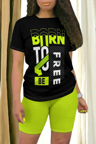 Casual Cartoon Print Letter Print O Neck Short Sleeve Oversize T-shirt And Shorts Two Pieces