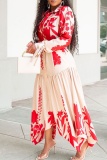 Casual Floral Print Turndown Collar Long Sleeve With Belt Irregular Hem Vacation Maxi Shirt Dresses