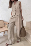 British Style V Neck Sleeveless Buckle Vest Blazer Top And Wide Leg Pants Vacation Formal Office Lady Two Pieces Suit Set