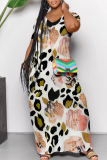 Casual Floral Print V Neck Short Sleeve Pocket Floor Length Vacation Baggy Maxi Dresses
