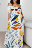 Casual Floral Print Off Shoulder Short Sleeve Pocket Vacation Baggy Maxi Dresses