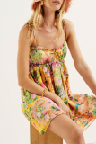 Sexy Floral Print U Neck Sleeveless Lace Up Stringy Selvedge Ruffle Trim Vacation Slip Mini Dresses