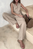 British Style V Neck Sleeveless Buckle Vest Blazer Top And Wide Leg Pants Vacation Formal Office Lady Two Pieces Suit Set