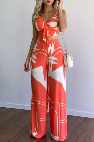 Casual Tropical Print V Neck Sleeveless Front Tie Cami Crop Tops And Wide Leg Pants Vacation Two Pieces Trouser Sets