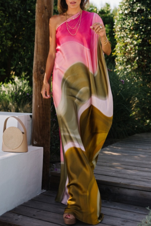 Casual Ombre Print Backless Oblique Collar One Shoulder Floor Length Vacation Long Baggy Maxi Dresses