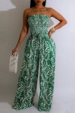 Casual Leaf Print Strapless Sleeveless Vacation Cinch Waist Tube Wide Leg Jumpsuits