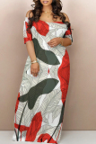 Casual Floral Print Off Shoulder Short Sleeve Pocket Vacation Baggy Maxi Dresses