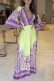 Casual Floral Print V Neck Flare Sleeve Cinch Waist Long A Line Vacation Maxi Dress