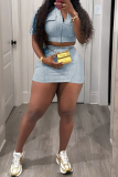 Casual Zipper Collar Short Sleeve Crop Tops And Mini Skirt Pocket Two Pieces Dress Set