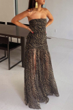 Sexy Leopard Print Strapless Sleeveless Front Slit Mesh Vacation Formal Ruffle Hem Tube Maxi Dresses