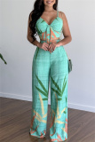 Casual Tropical Print V Neck Sleeveless Front Tie Cami Crop Tops And Wide Leg Pants Vacation Two Pieces Trouser Sets