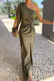 Sexy Sloping Shoulder Long Sleeve Front Knotted Thigh Slit Ruched Formal Vacation Long Maxi Dresses