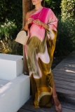 Casual Ombre Print Backless Oblique Collar One Shoulder Floor Length Vacation Long Baggy Maxi Dresses