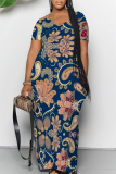 Casual Floral Print V Neck Short Sleeve Pocket Floor Length Vacation Baggy Maxi Dresses