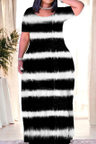 Casual Stripe Print Short Sleeves O Neck Straight Floor Length Baggy Vacation Summer Sun Maxi Dress