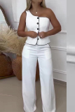 Casual Sloping Shoulder Sleeveless Buttons Vest Tops And Straight Leg Pants Formal Two Pieces Tourser Sets