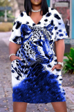 Casual Animal Print V Neck Short Sleeve Baggy T-shirt Midi Dresses