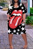 Casual Lips Print Basic V Neck Short Sleeve Baggy T-shirt Midi Dresses