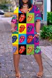 Casual Lips Print Basic V Neck Short Sleeve Baggy T-shirt Midi Dresses