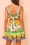 Casual Fruit Print Backless Spaghetti Strap Sleeveless Bow Tie Tiered Ruffle Hem Hollow Out Lace Up Vacation Party Cami Mini Dresses