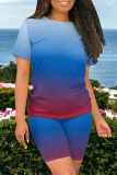 Casual Ombre Flag Star Print O Neck Short Sleeve Oversize T-shirt Tops And Shorts Two Pieces Shorts Sets