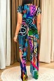 Casual Graffiti Print Pocket O Neck Short Sleeve Crop T-shirt  And Straight Leg Pants Two Pieces Tourser Sets